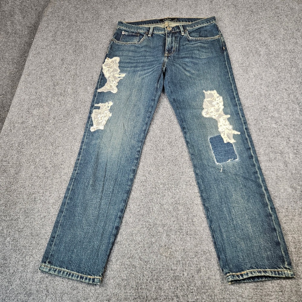 Lauren Ralph Lauren Lace Applique Straight Leg Jeans Blue Denim Womens 2